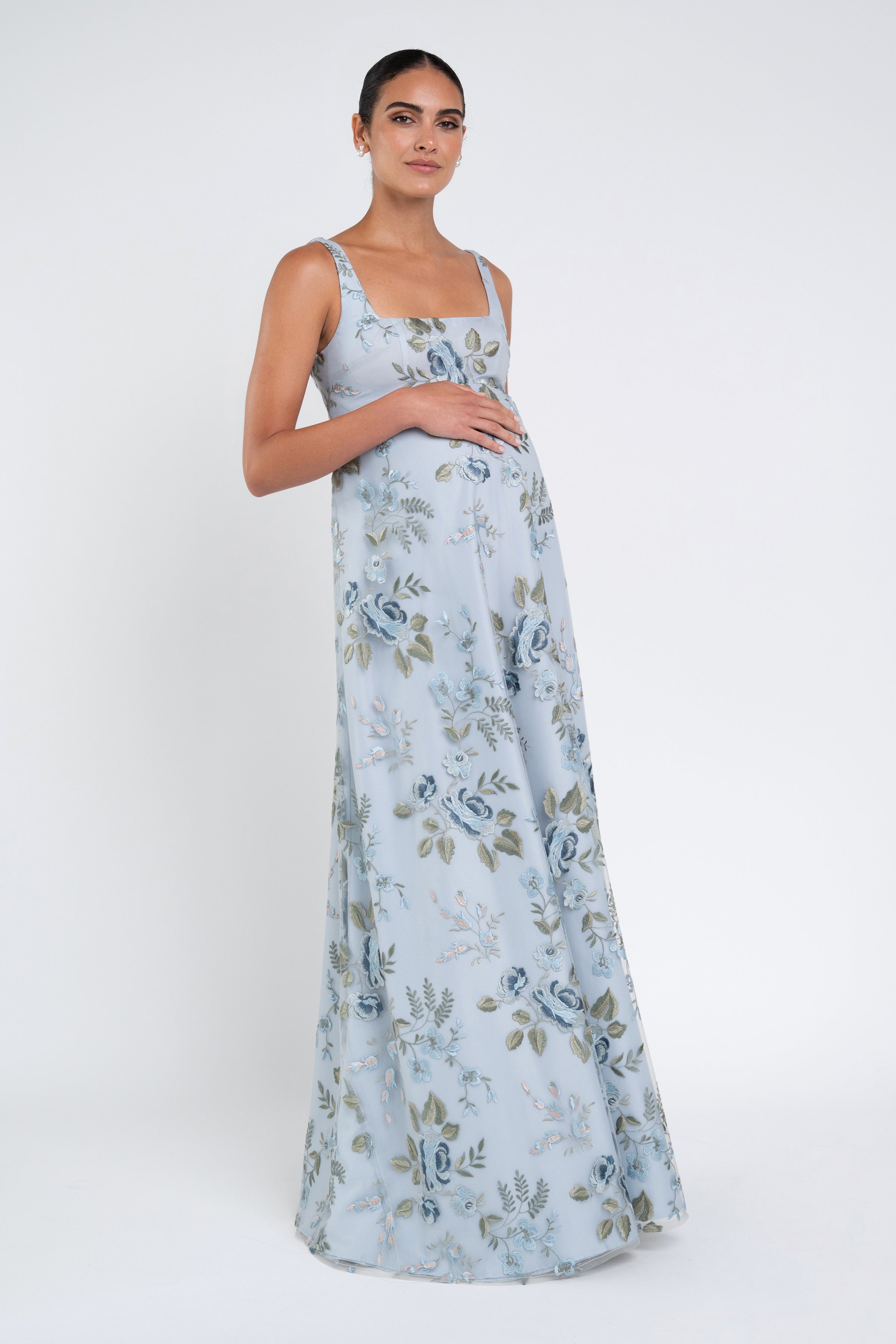 floral maternity dress Lita | BLUE Print Twisted Asymmetric Maxi named after their matching Revelry Satin colors Flower Embroidery Tulle Maternity Dress