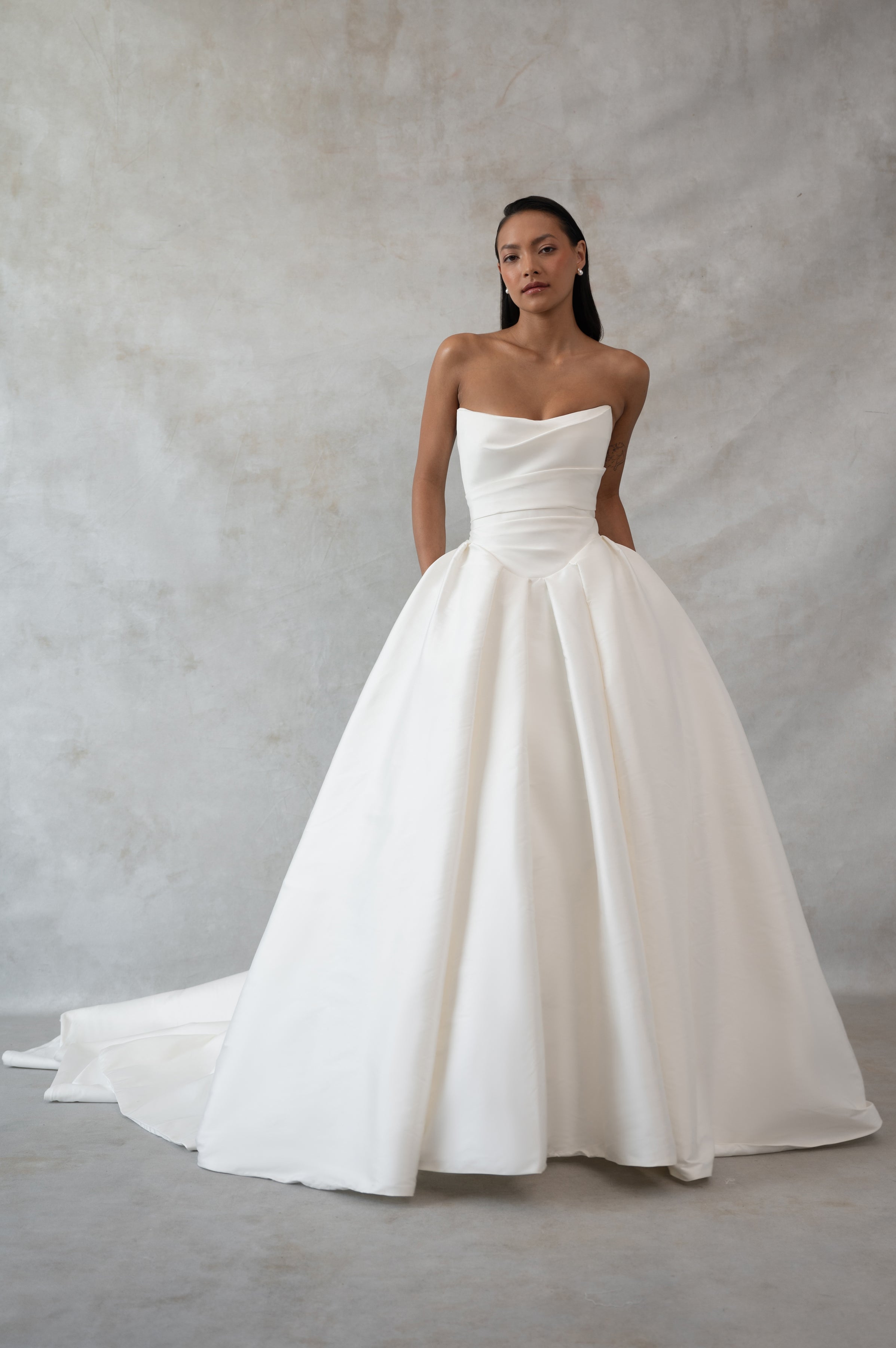 jenny yoo wedding dress by Jenny Catherine Strapless A-Line Mikado Gown Jenny Yoo Rose Is a Stunning Shimmer Twill Fit and Flare Wedding Dress With a Ruched Neckline + Long Jenny by Jenny Yoo Bridal