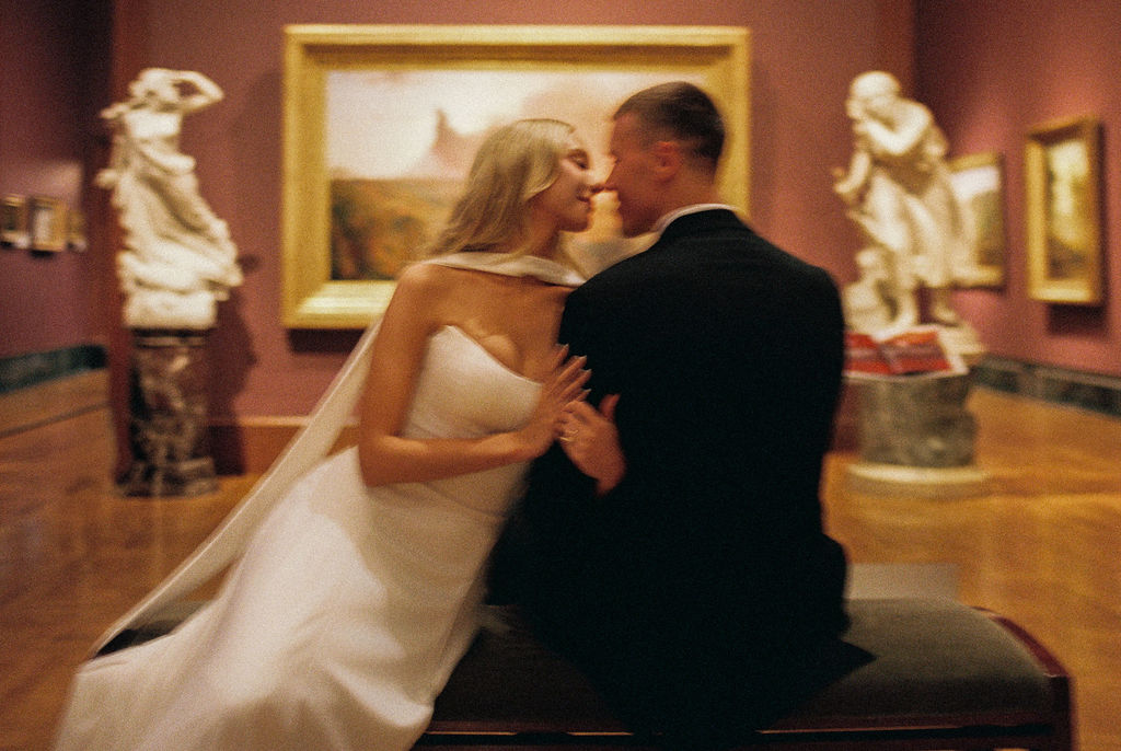 Real Bride Paige Mobley in the Subtle Drop Waist Addilyn Fit and and Flare Bridal Gown.