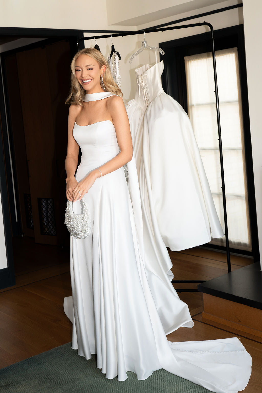Real Bride Paige Mobley in the Subtle Drop Waist Addilyn Fit and and Flare Bridal Gown.