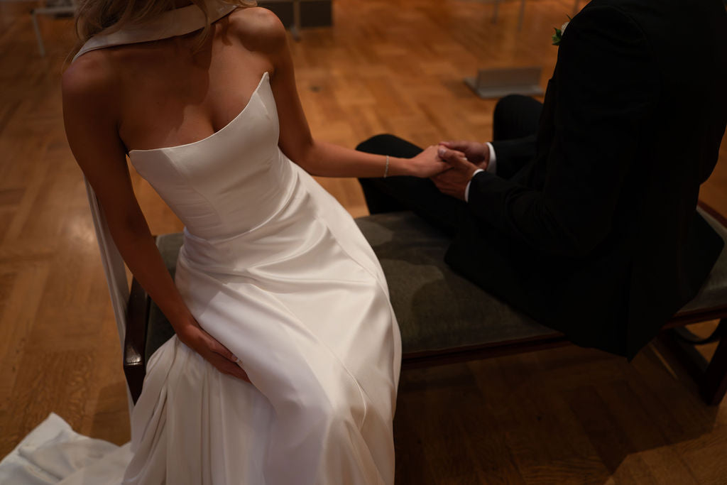 Real Bride Paige Mobley in the Subtle Drop Waist Addilyn Fit and and Flare Bridal Gown.
