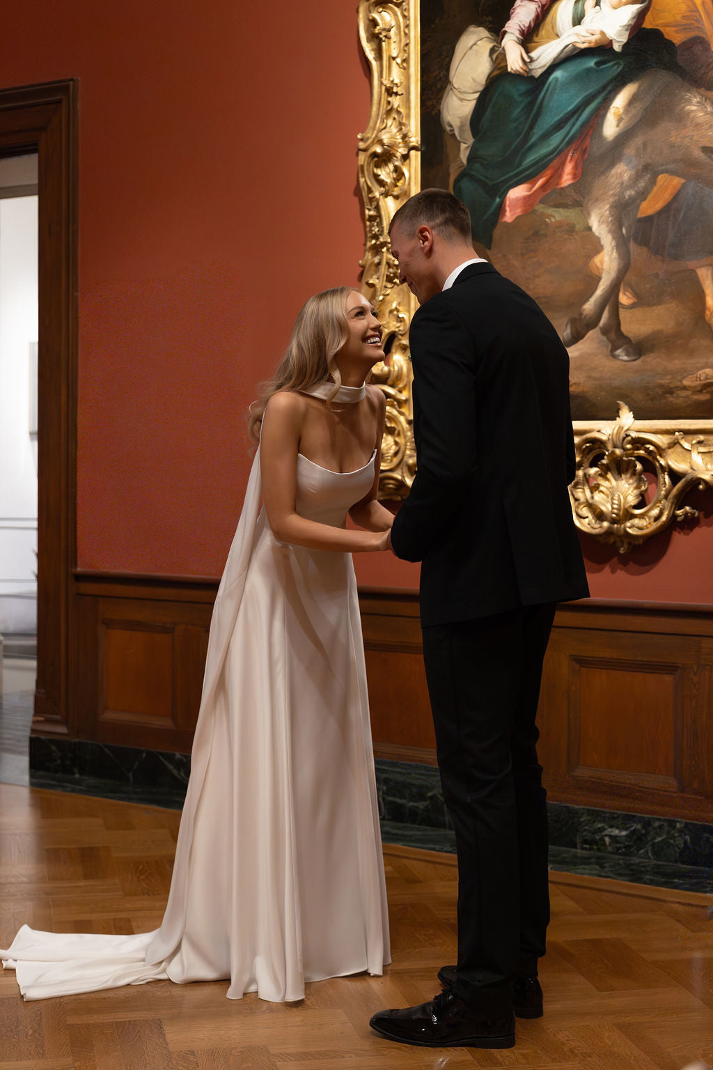 Real Bride Paige Mobley in the Subtle Drop Waist Addilyn Fit and and Flare Bridal Gown.