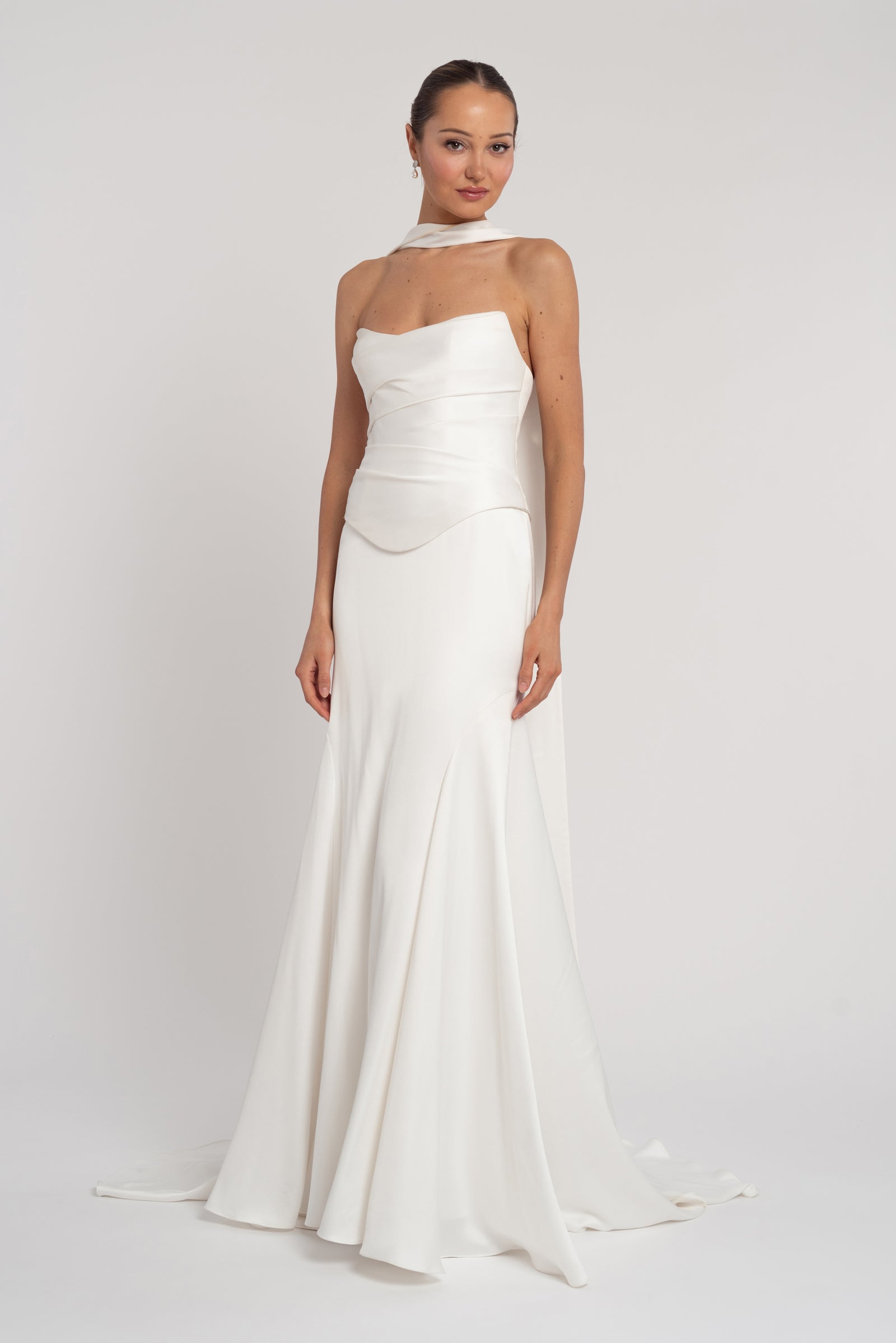 Satin Strapless Fit and Flare Wedding Dress with Bridal Scarf