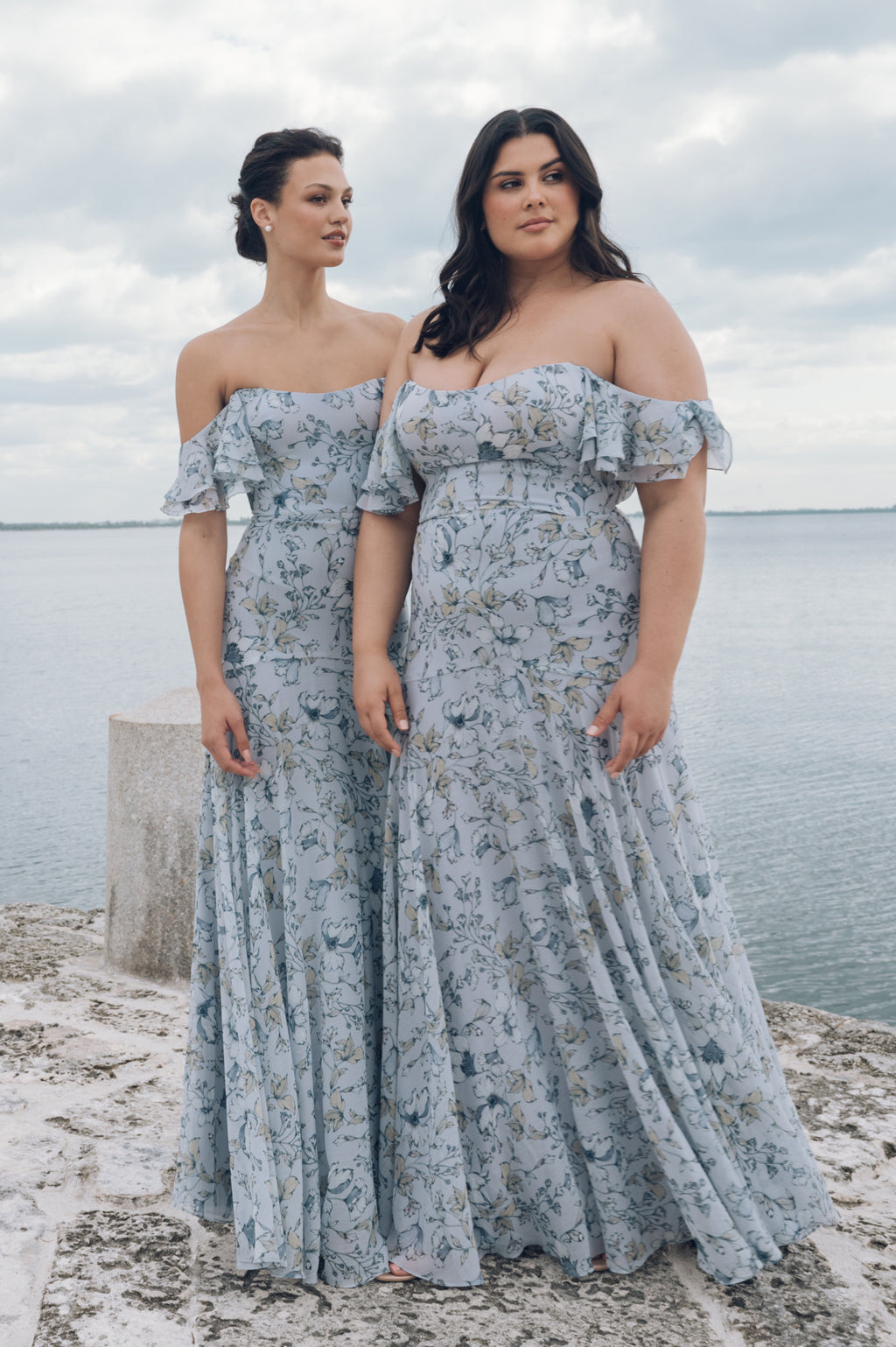 Belen 1 WhisperBlue Floral Chiffon OfftheShoulder BridesmaidDress
