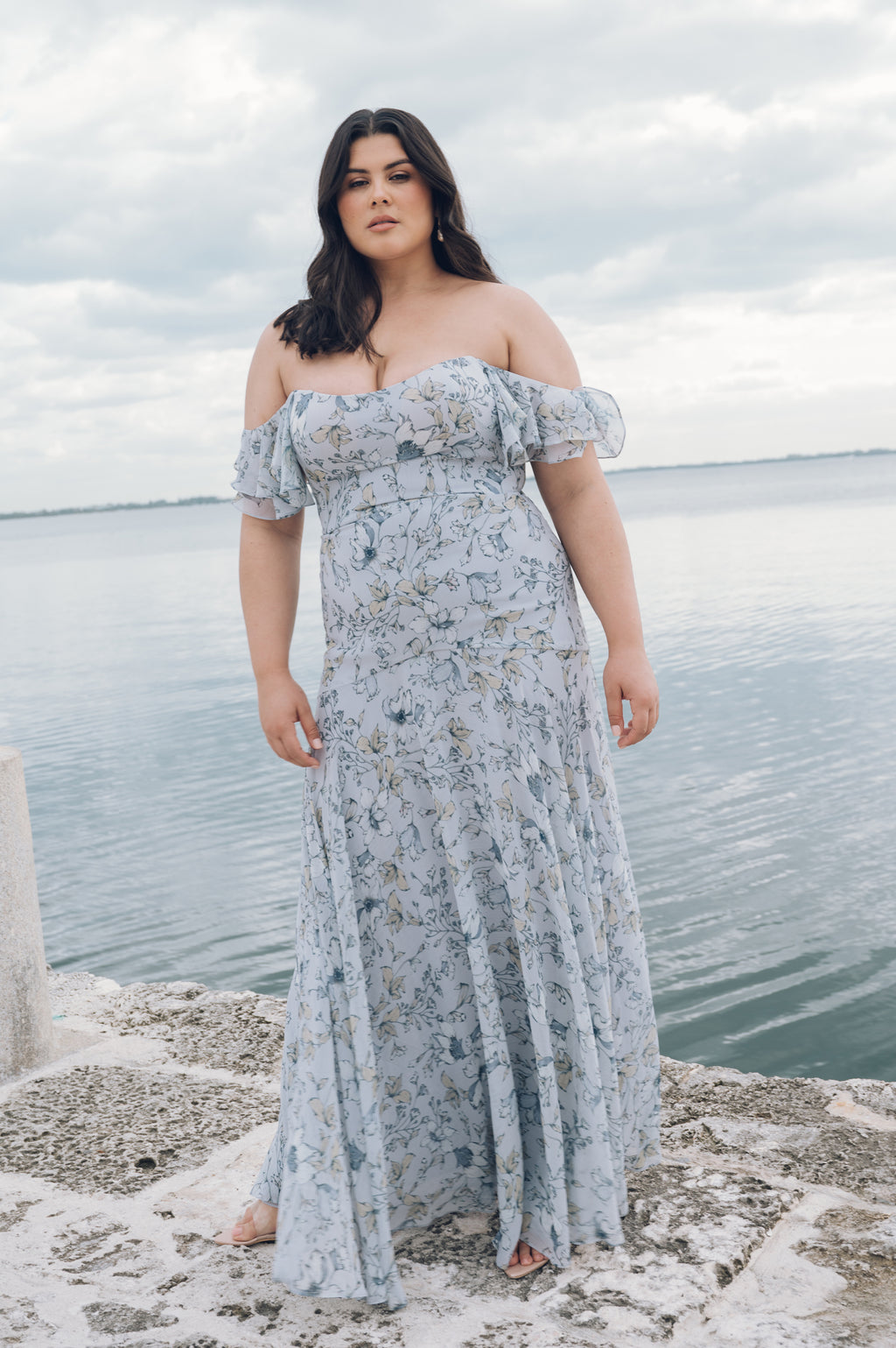 Belen 2 Chiffon WhisperBlue Floral OfftheShoulder BridesmaidDress