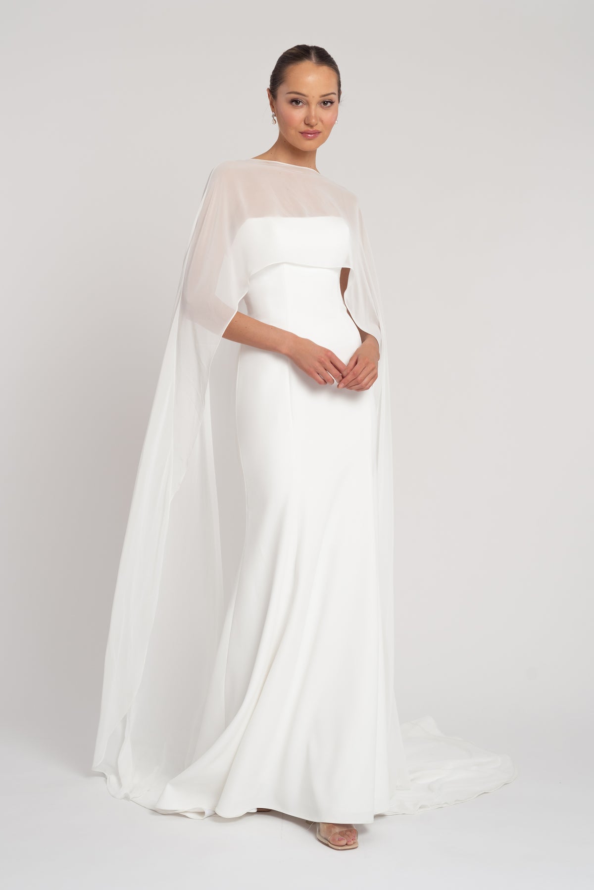 older women evening dresses Embellished Cape Gown
