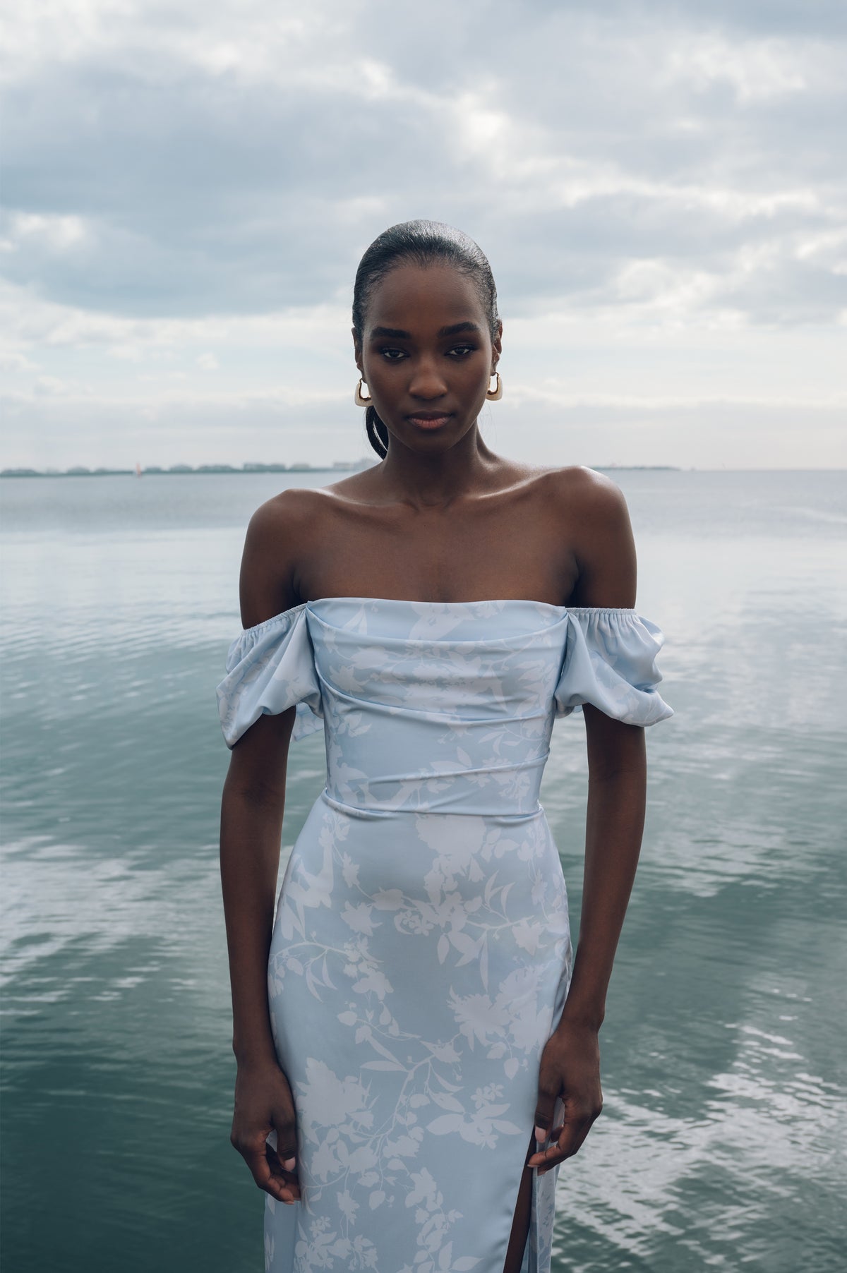 Blakely 2 WhisperBlue Floral Satin OfftheShoulder BridesmaidDress