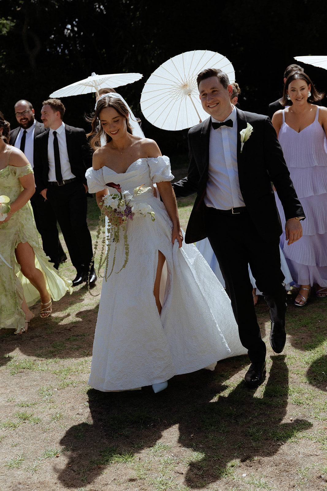 Real Bride's Modern Outdoor Wedding in the A-Line, convertible off-shoulder sleeves, Beau Bridal Gown