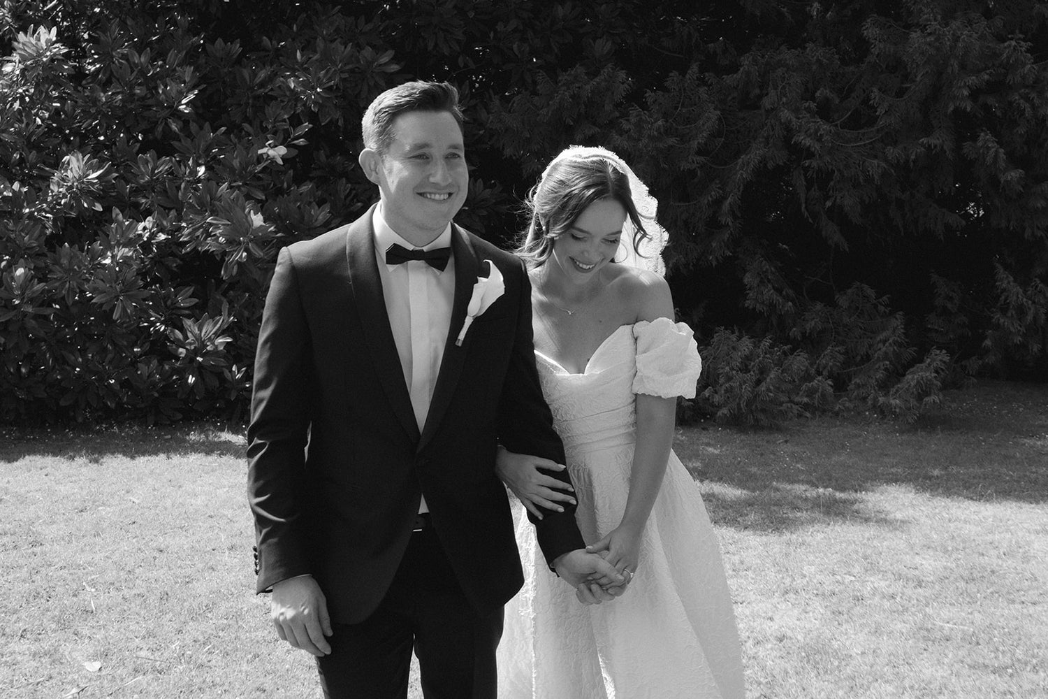 Real Bride's Modern Outdoor Wedding in the A-Line, convertible off-shoulder sleeves, Beau Bridal Gown