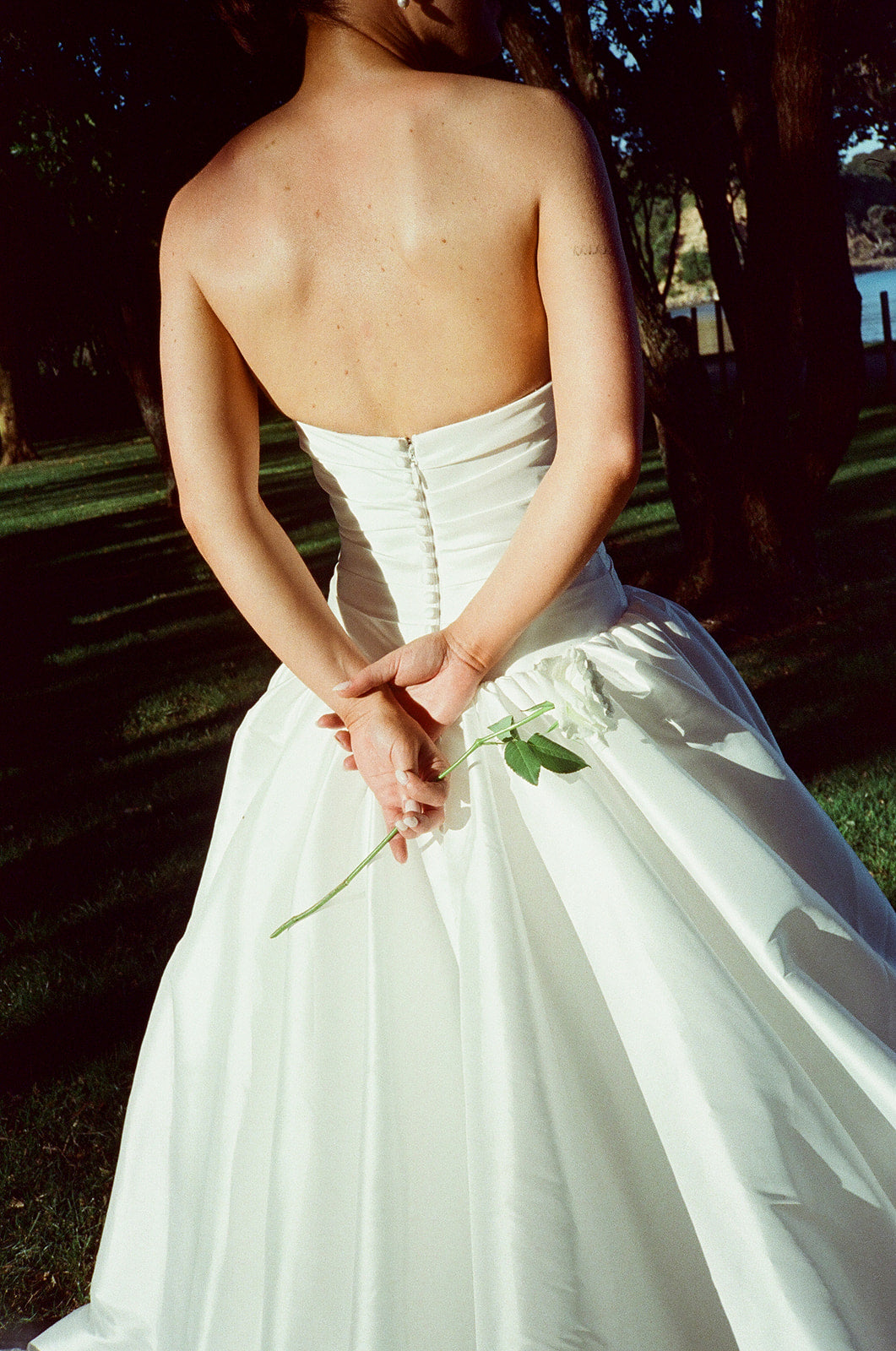 Real Bride Monique in the Drop Waist, A-Line, and Strapless Charlotte Bridal Gown