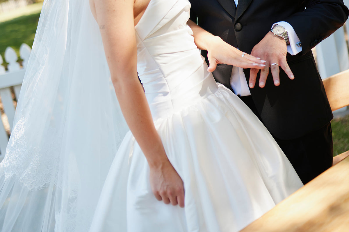 Real Bride Monique in the Drop Waist, A-Line, and Strapless Charlotte Bridal Gown