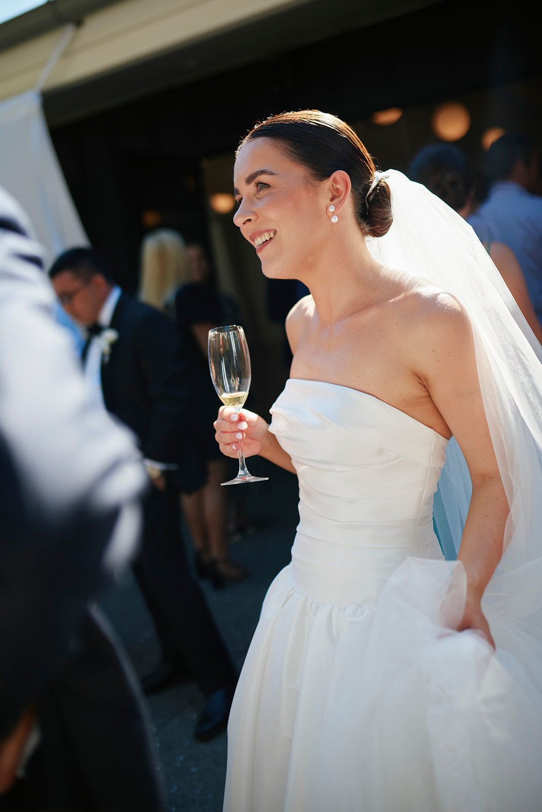 Real Bride Monique in the Drop Waist, A-Line, and Strapless Charlotte Bridal Gown