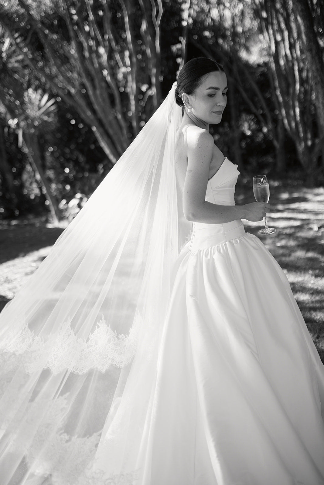 Real Bride Monique in the Drop Waist, A-Line, and Strapless Charlotte Bridal Gown