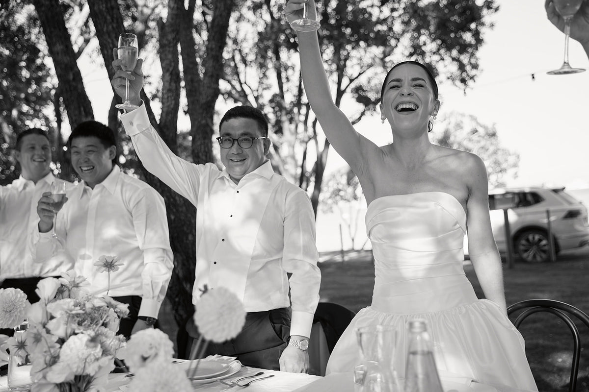 Real Bride Monique in the Drop Waist, A-Line, and Strapless Charlotte Bridal Gown