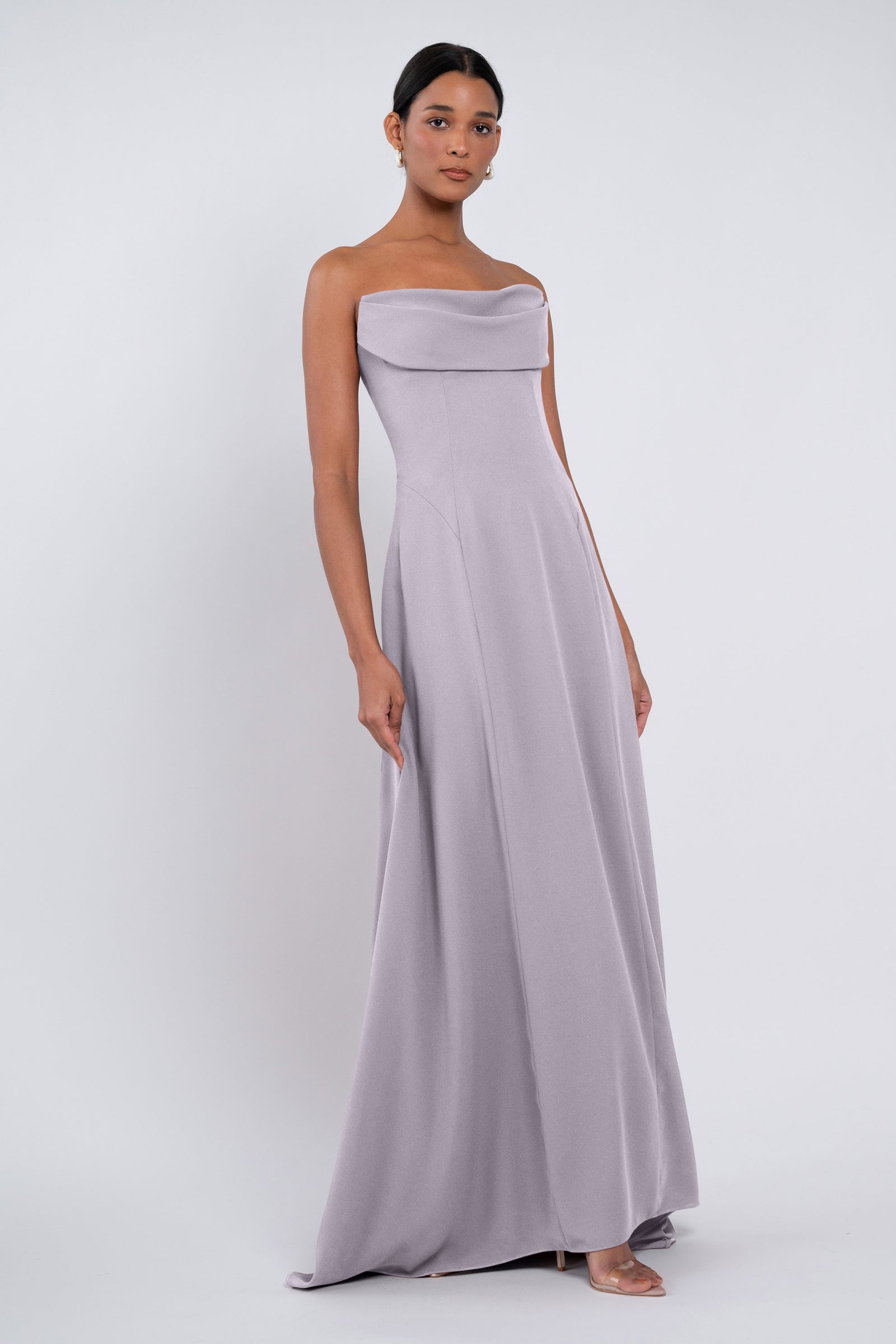 Strapless Crepe Bridesmaid Dress in Chambray Blue.