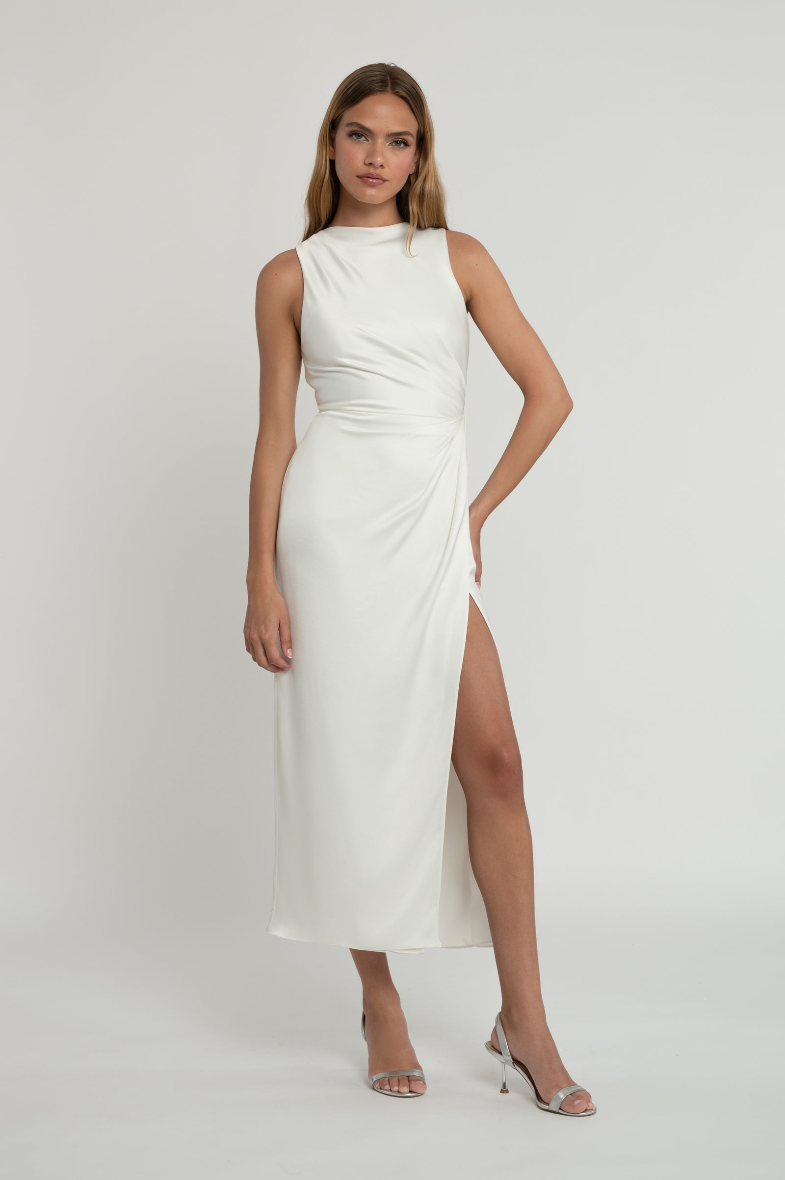 High Neck Midi White Dress with Slit