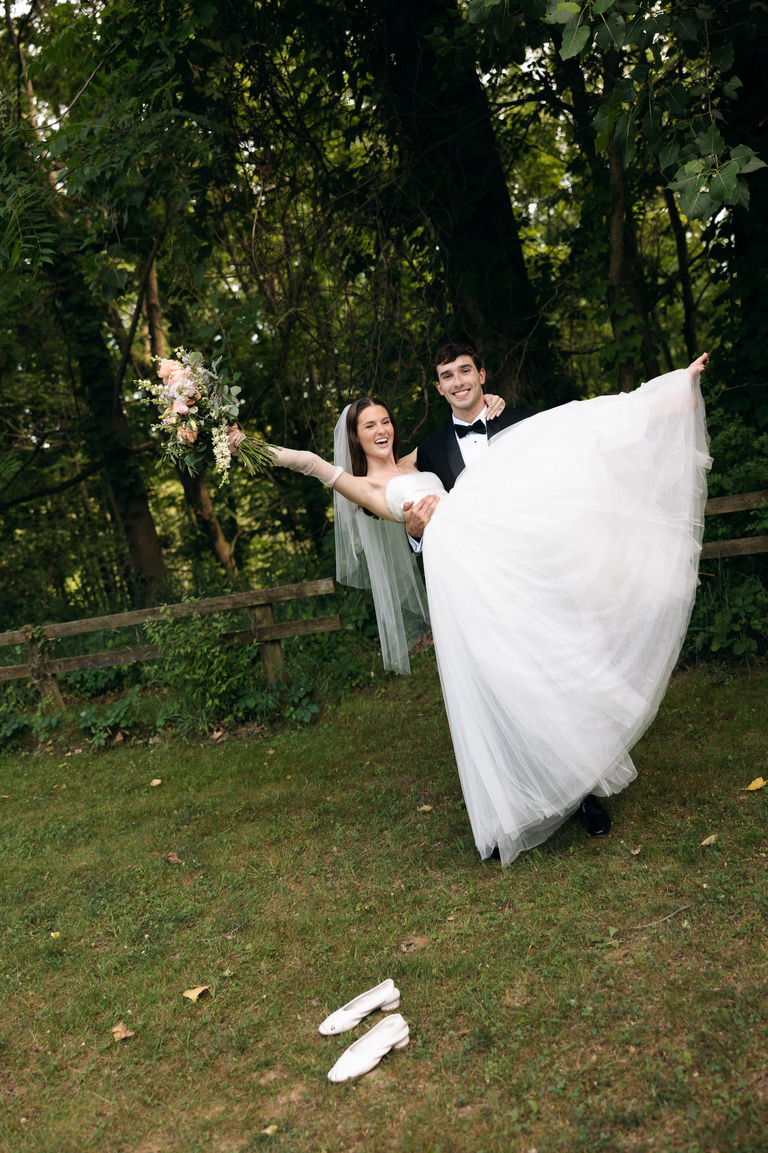 Bride in Georgina Drop Waist Wedding Dress and Olivia Tulle Sleeves