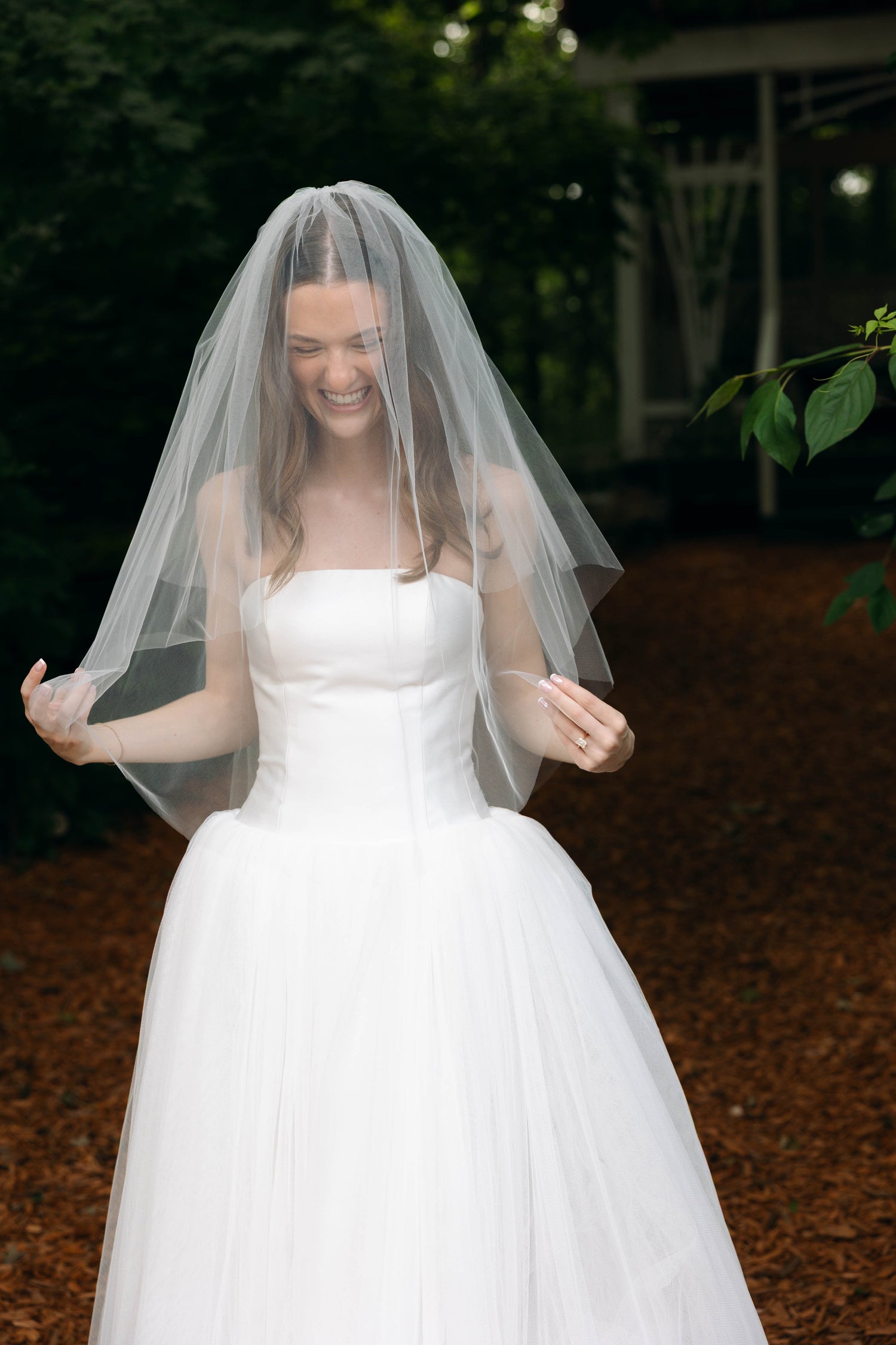 Bride in Georgina Drop Waist Wedding Dress and Olivia Tulle Sleeves