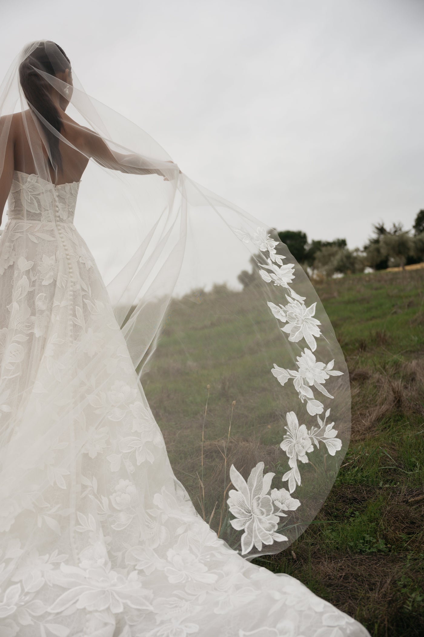 Bridal Veil with Applique on Bride from Back