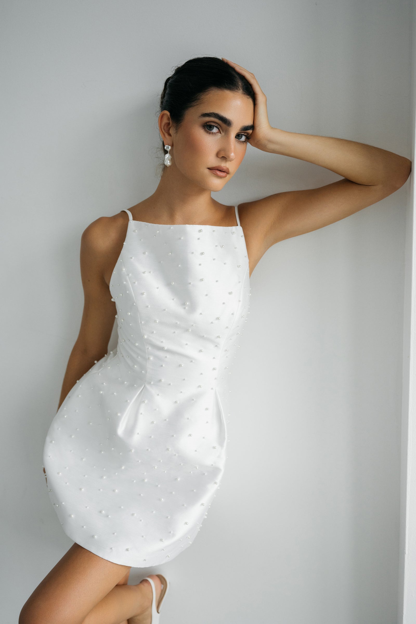 White Mini Wedding Dress with Pearls