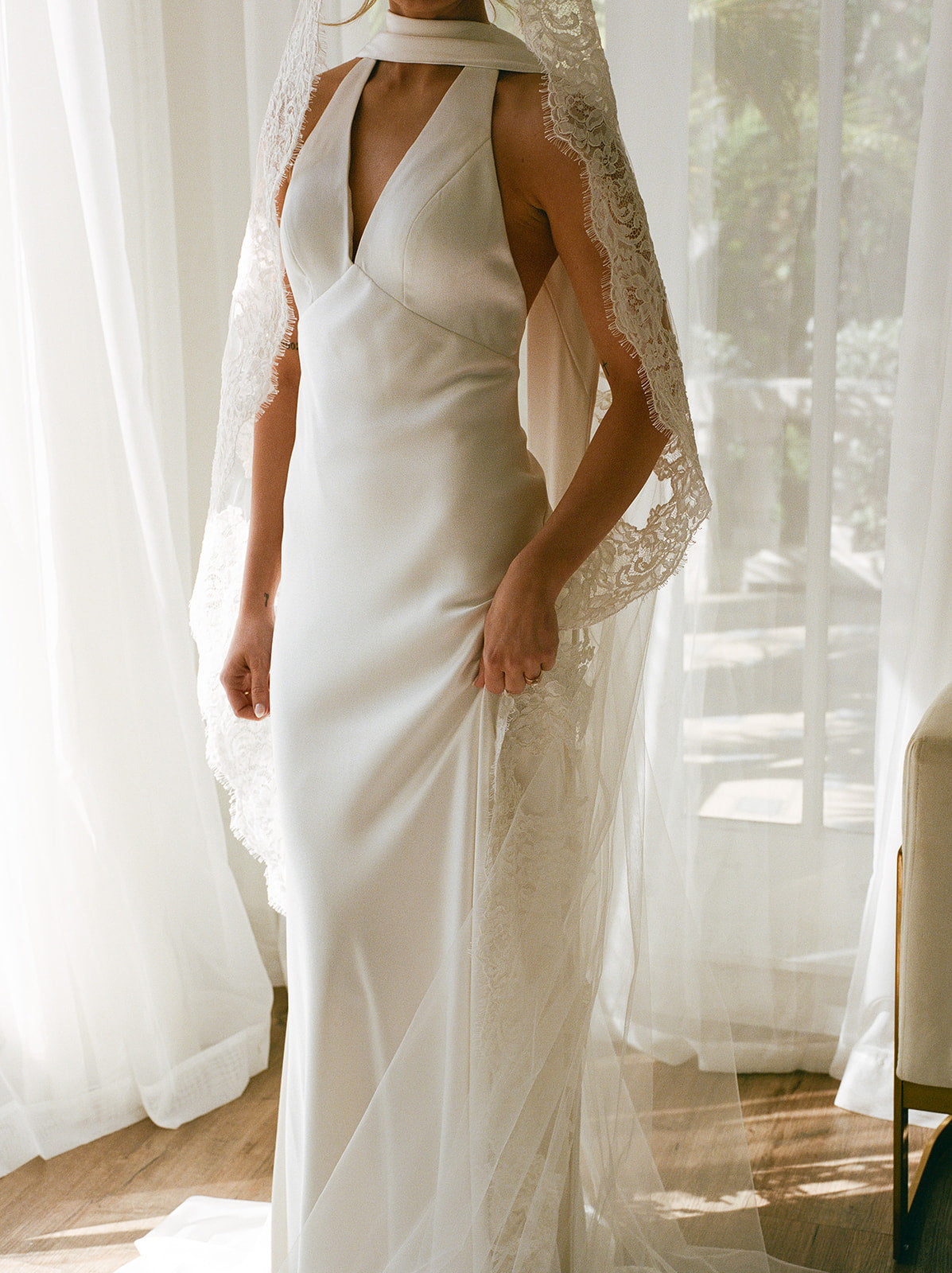  Real Bride Bethany in the Sleek Satin V Neck, Fit and Flare Jennifer Slip Bridal Gown