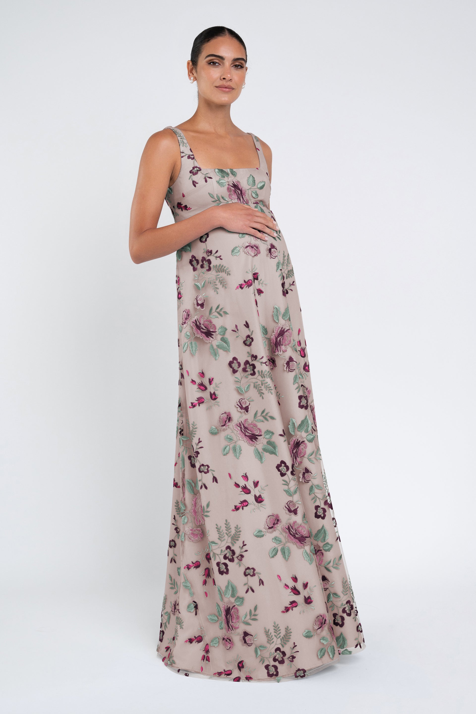 pink floral maternity dress Rose Maxi V-Neck XS liz Lange spring wedding guest Ruched detailing Lilly Maternity Enchanted Floral Embroidery
