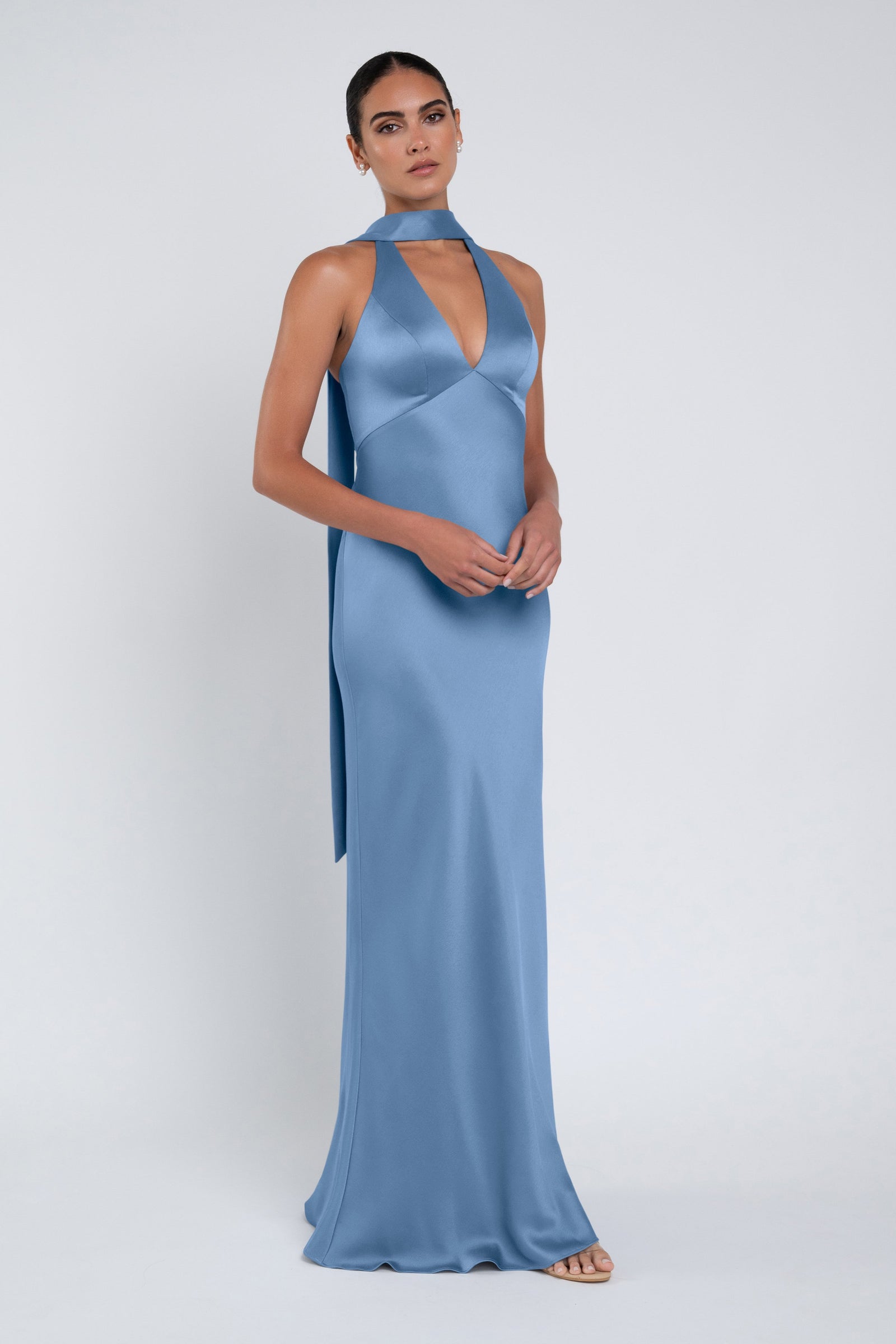 Satin V neck bridesmaid dress with scarf in cornflower blue.