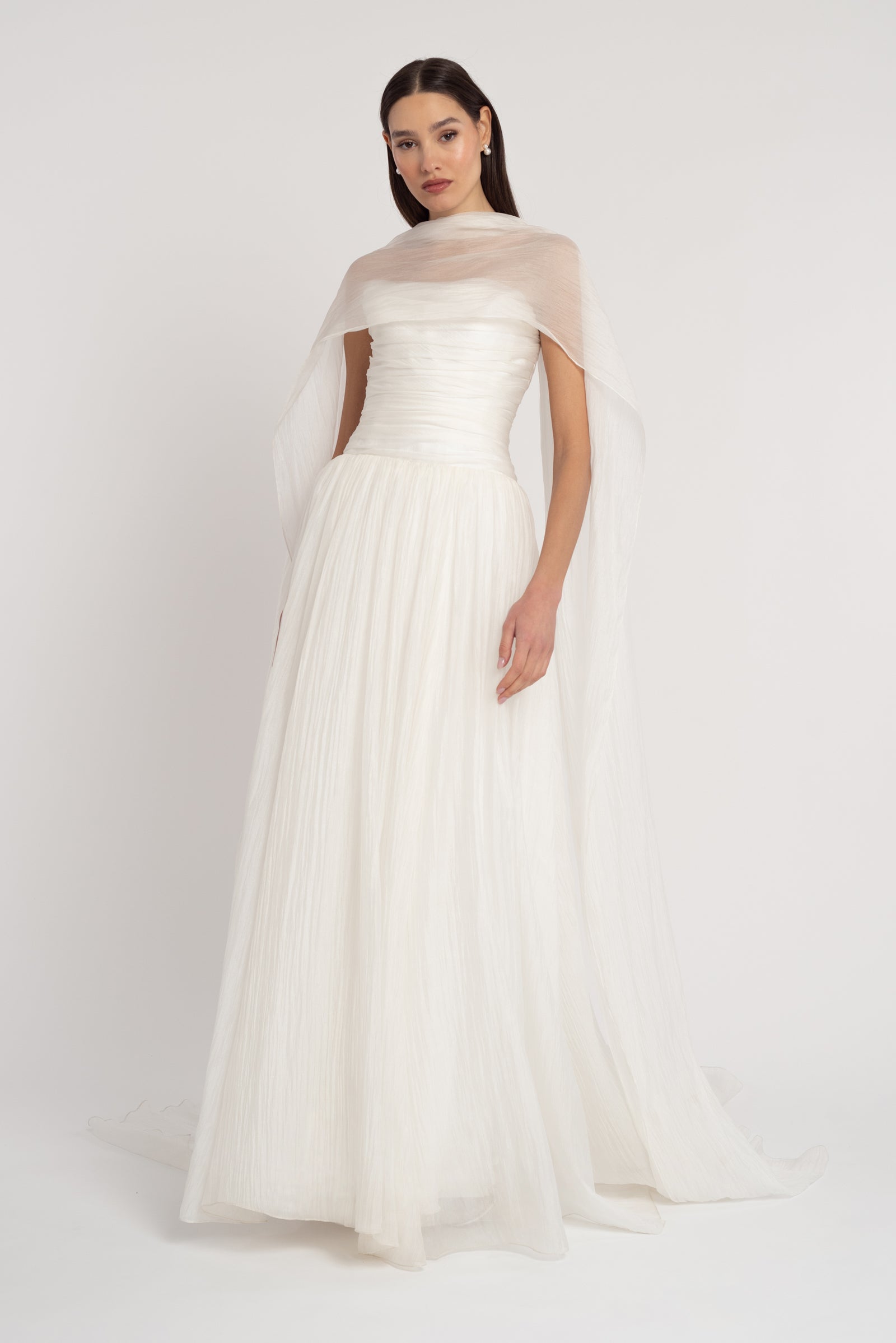 Iridescent Chiffon A Line Drop Waist Bridal Gown with Scarf