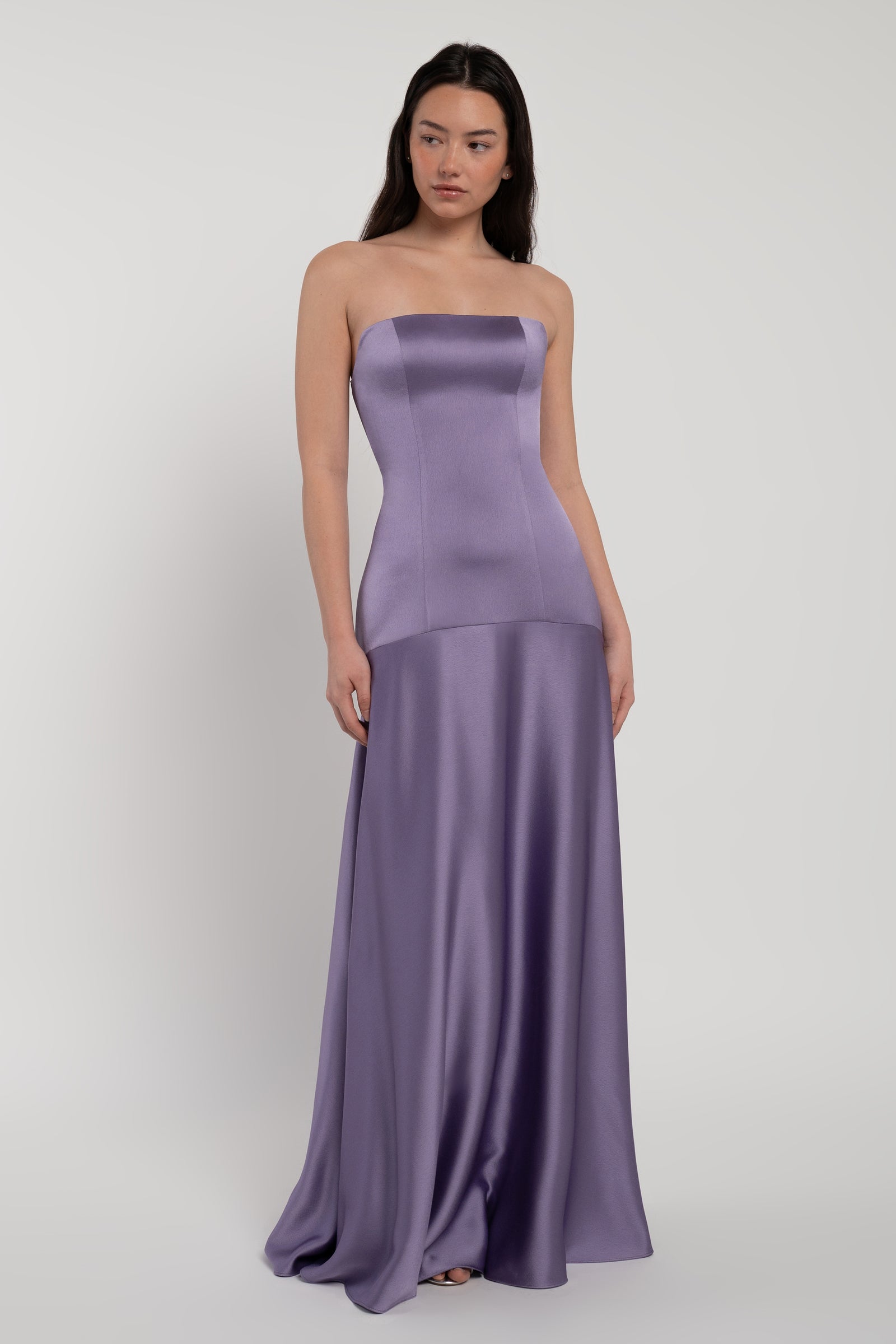 Satin bridesmaid dress with drop waist in Amethyst purple.