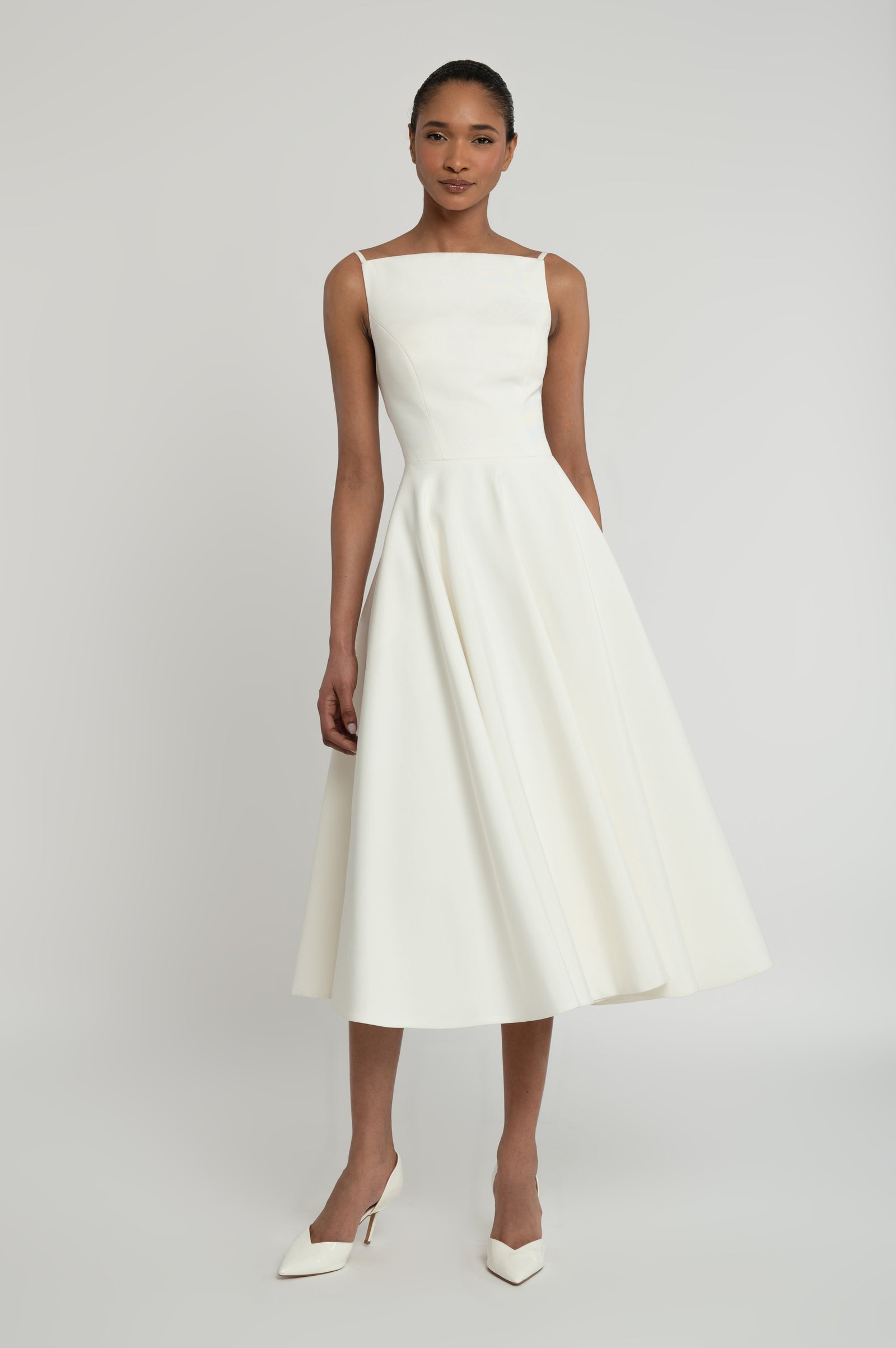 High Neck Midi A Line White Dress