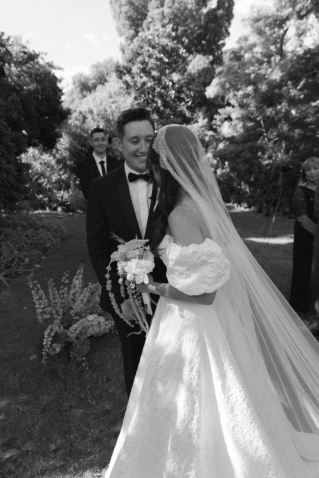 Real Bride's Modern Outdoor Wedding in the A-Line, convertible off-shoulder sleeves, Beau Bridal Gown
