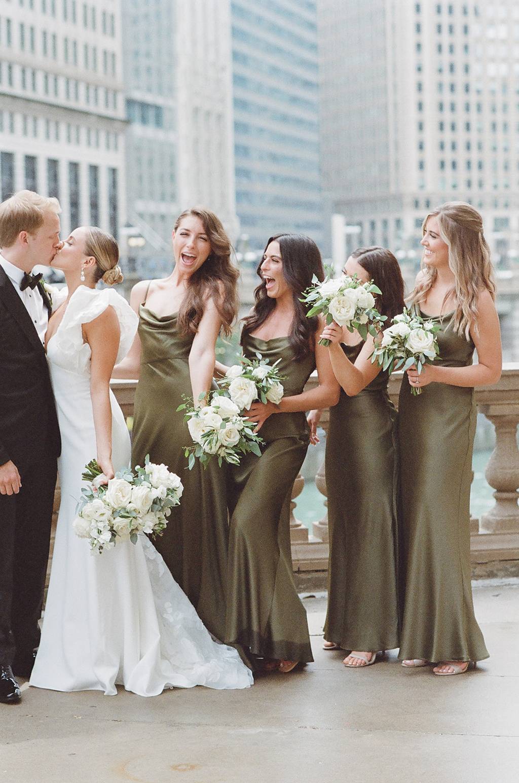 Bridesmaids in Olive Green Luxe Satin Sylvie Dress