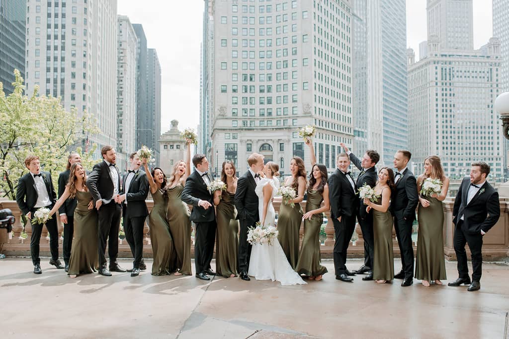 Bridesmaids in Olive Green Luxe Satin Sylvie Dress