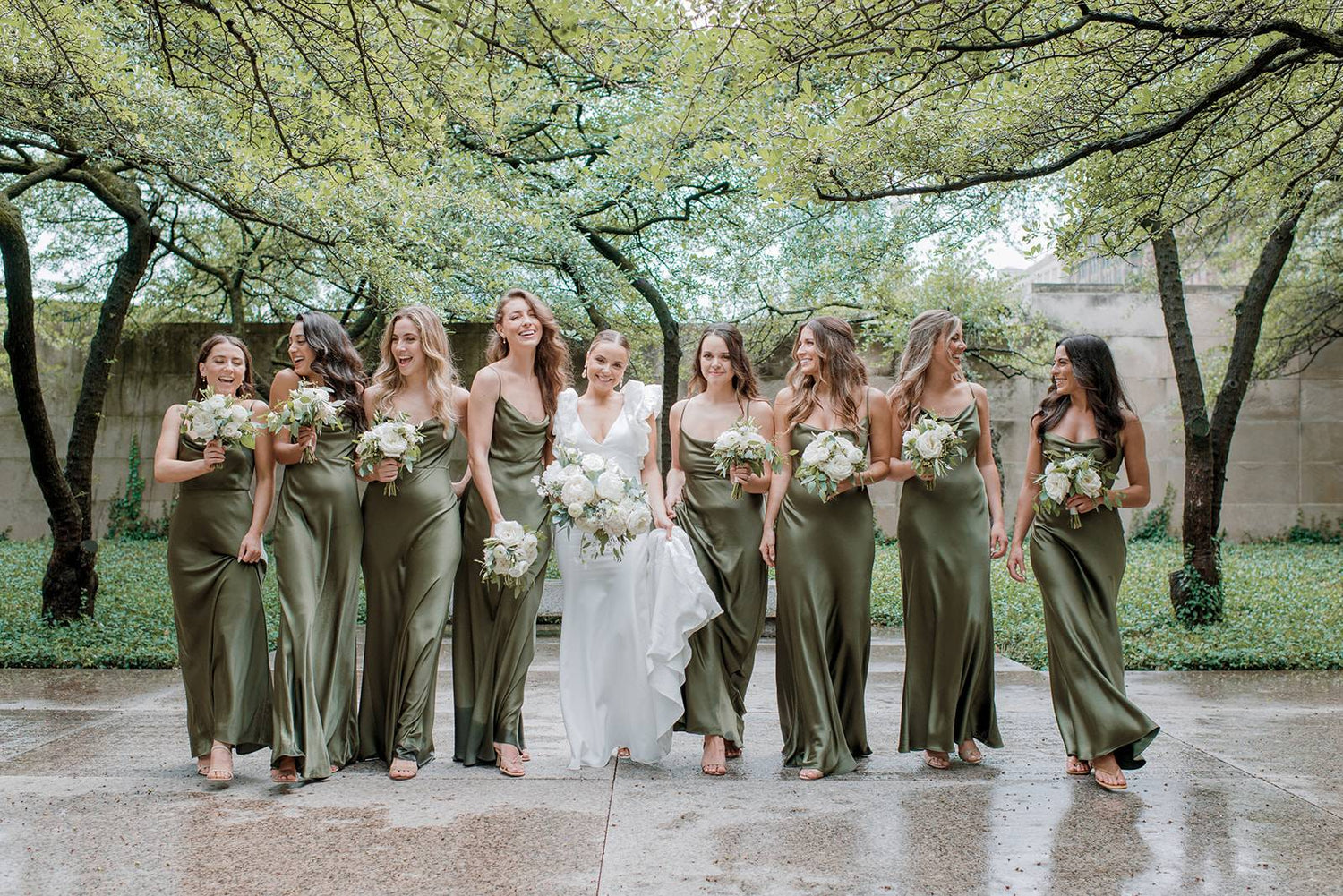 Bridesmaids in Olive Green Luxe Satin Sylvie Dress