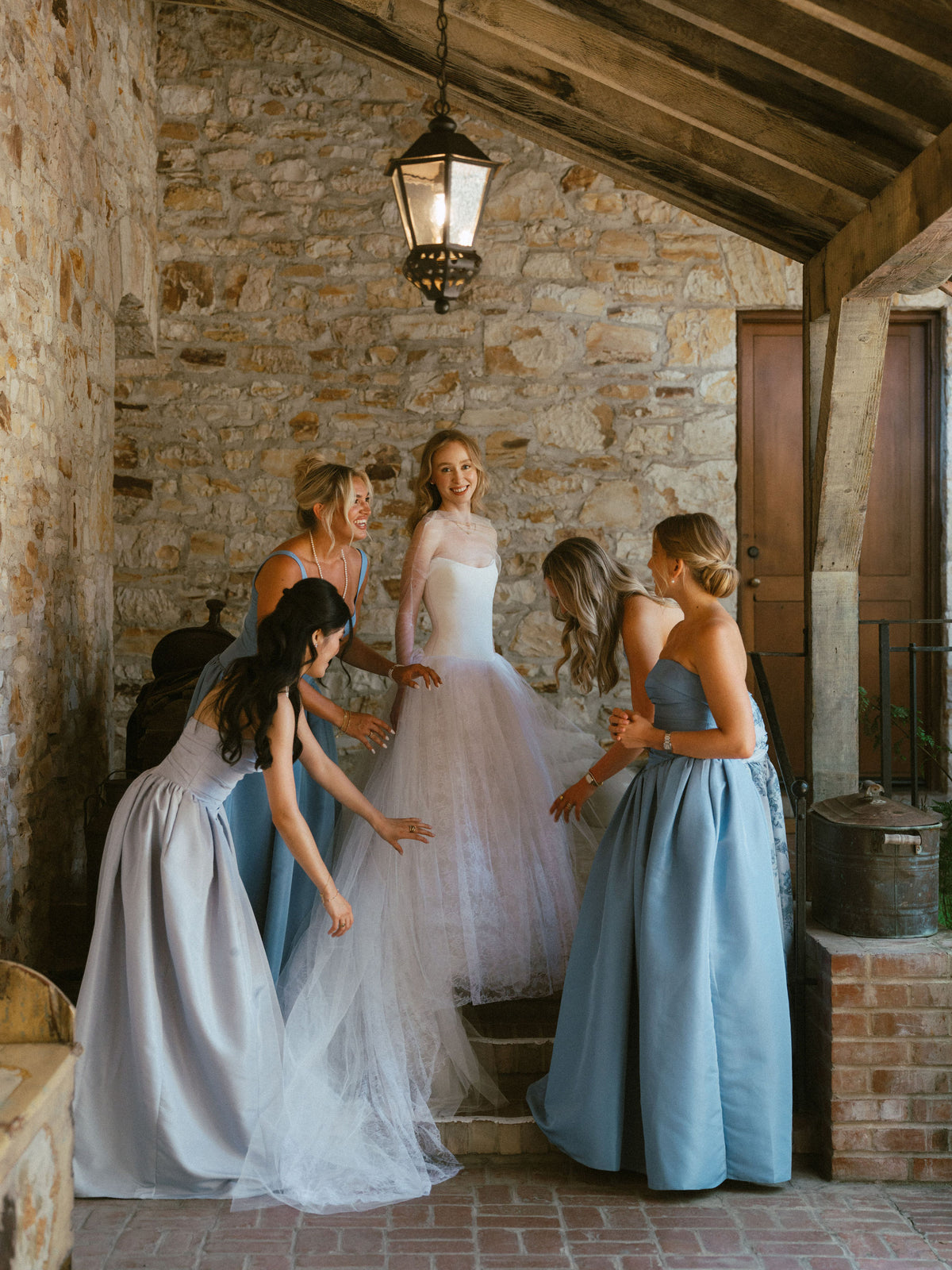 Real Bridesmaids in Taffeta Floral and Blue Mismatched Dresses