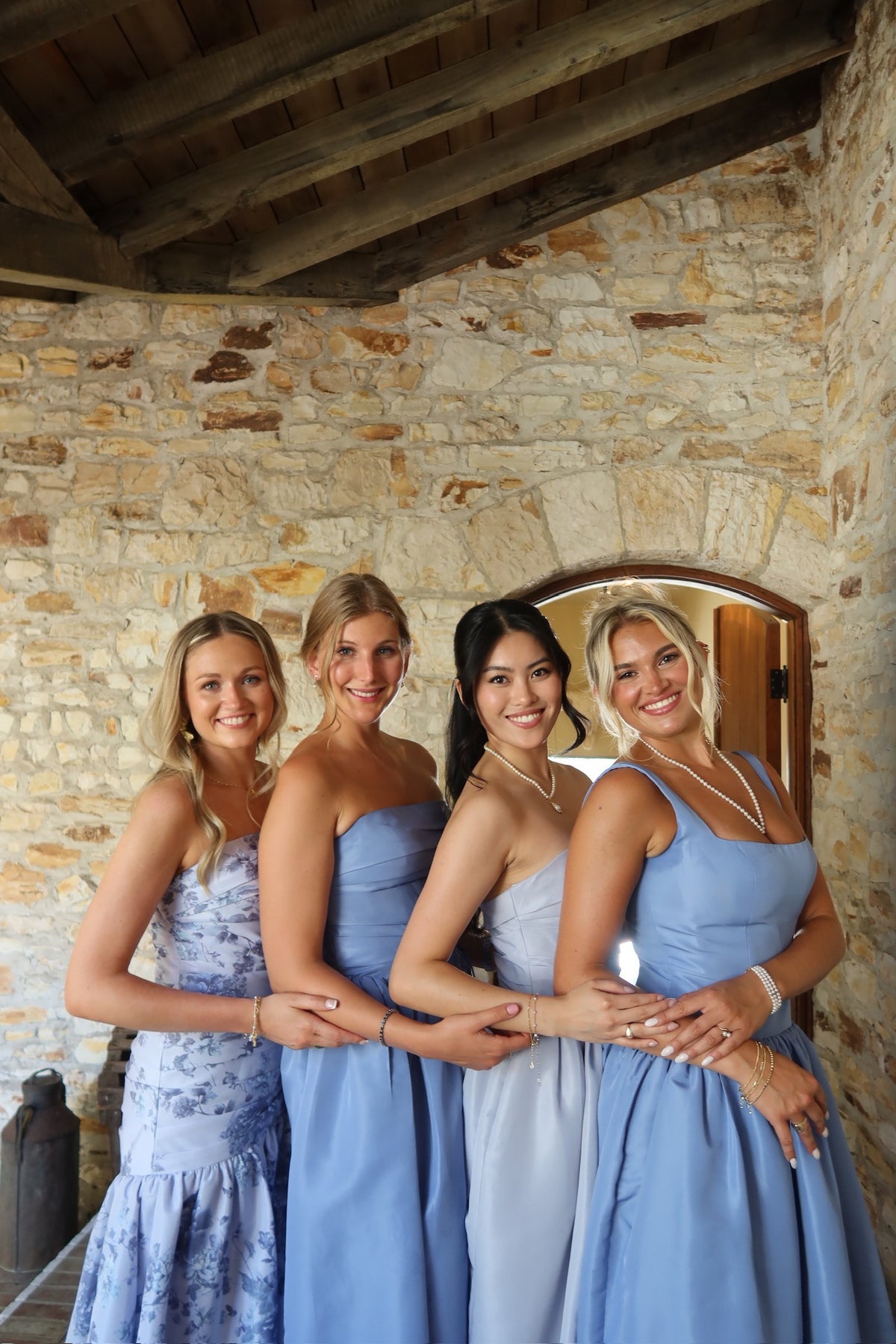 Real Bridesmaids in Taffeta Floral and Blue Mismatched Dresses