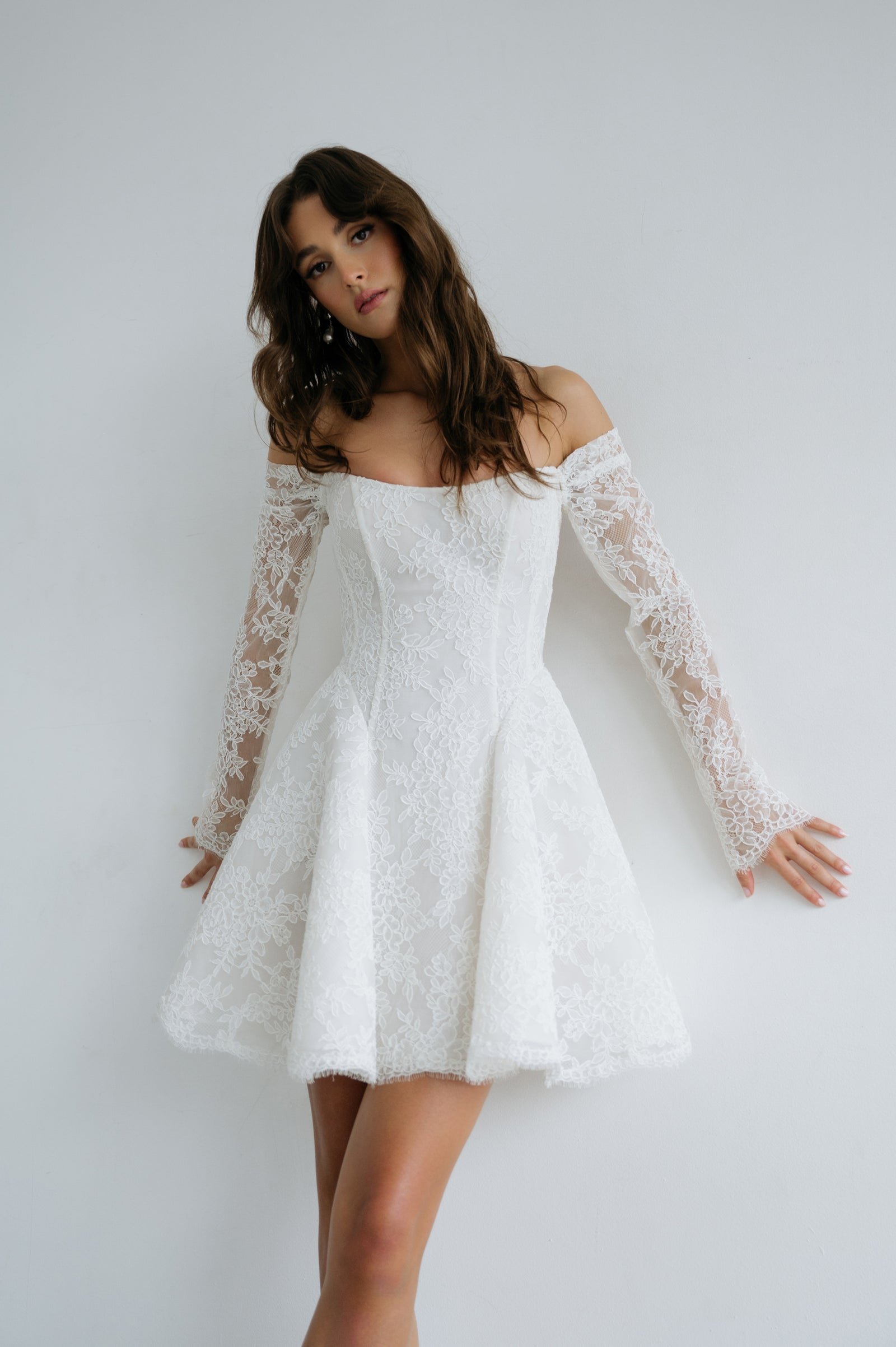 Vera lace mini wedding dress with off shoulder removable lace long sleeves.