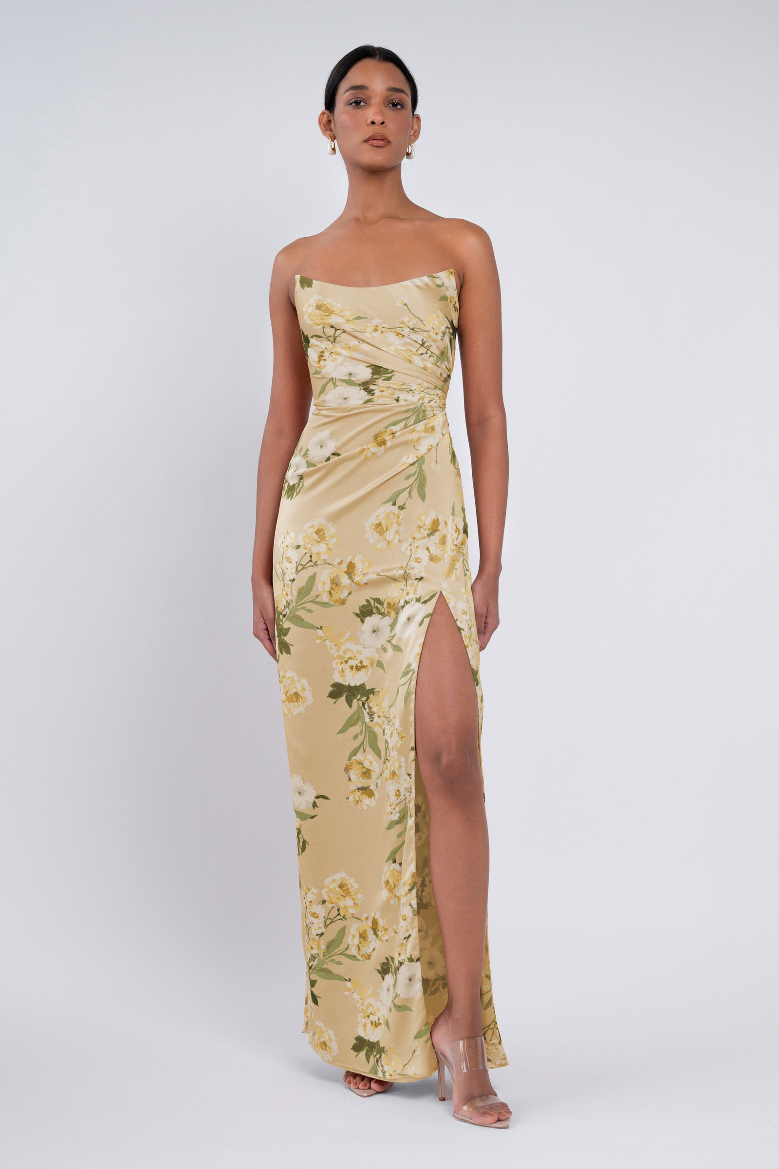 Strapless Floral Satin Wedding Guest Dress with Slit