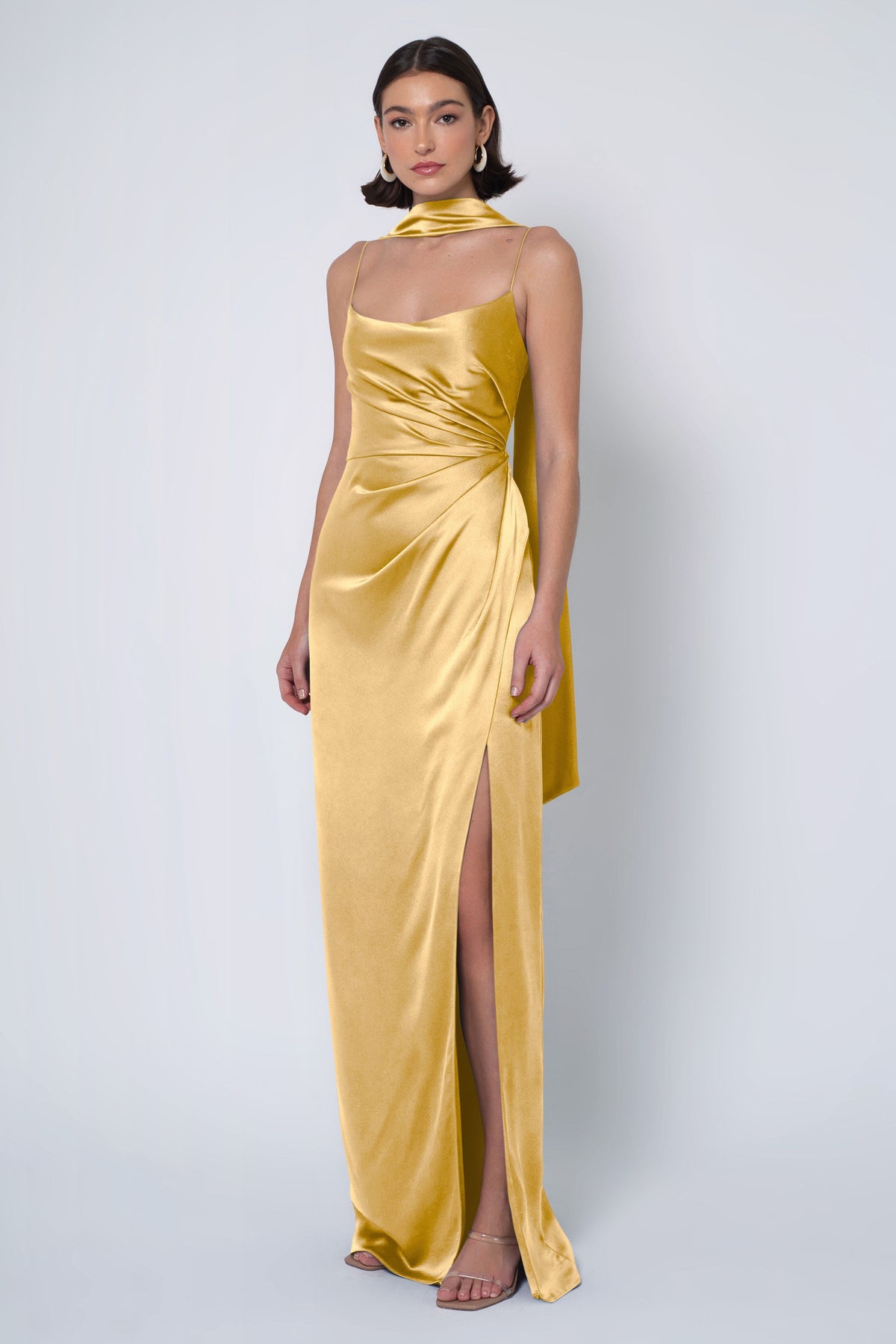 yellow bridesmaid dress with scarf Bandeau Satin Bridesmaid Dress with Chiffon Neck Scarf