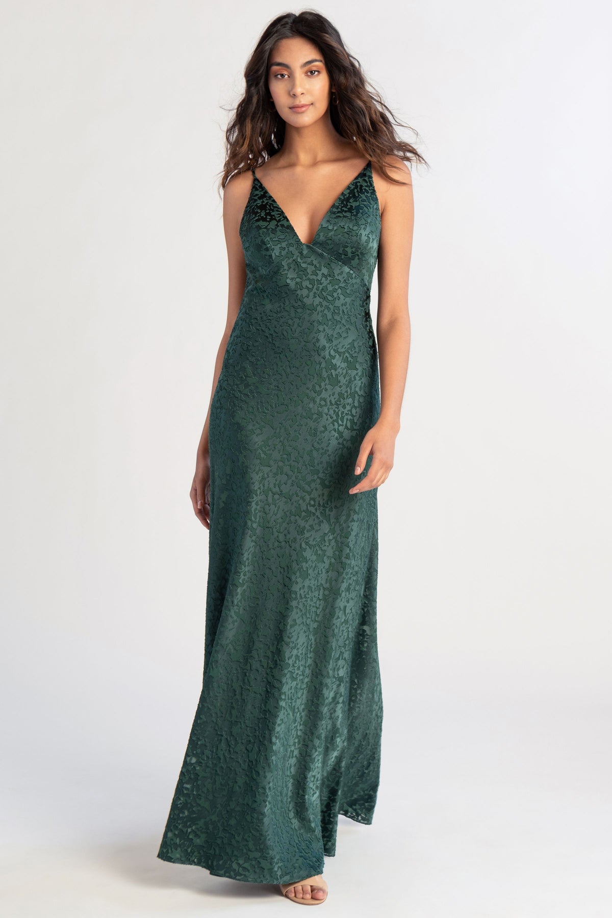 Jenny_Yoo_Bridesmaid_Gabriela_Emerald_Satin_Burnout_Front